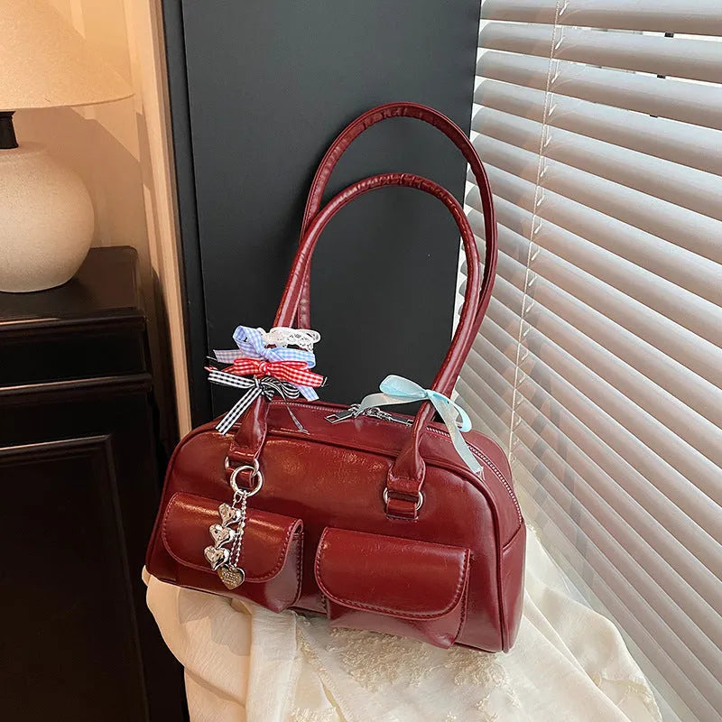 PU leather women's pillow-shaped handbag with double shoulder strap and retro flap closure