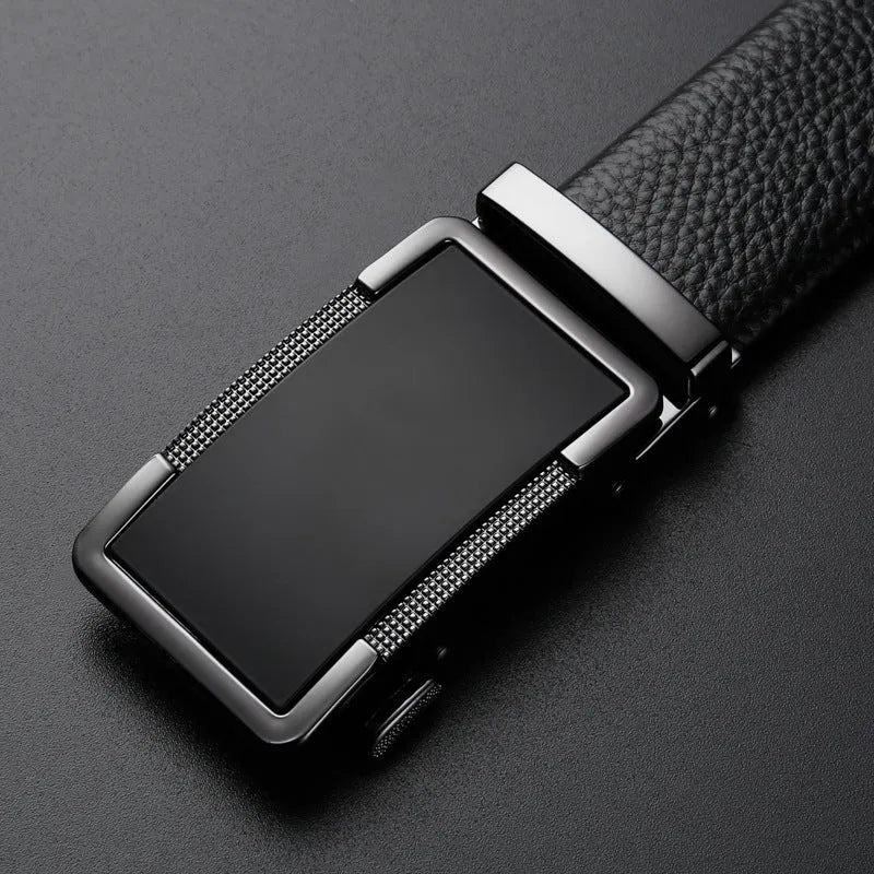 Men's automatic buckle leather belt in gun black, silver, or gold colour showing the alloy clasp and standard 2-4cm width.