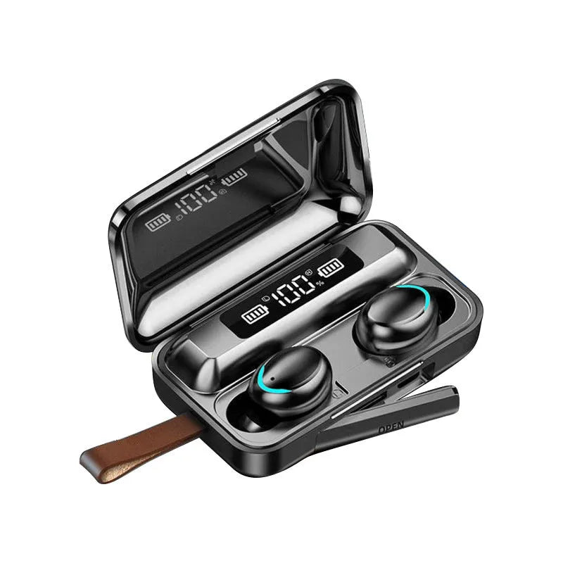 TWS F9-5C Bluetooth 5.0 digital display earbuds in black with charging case and battery indicator