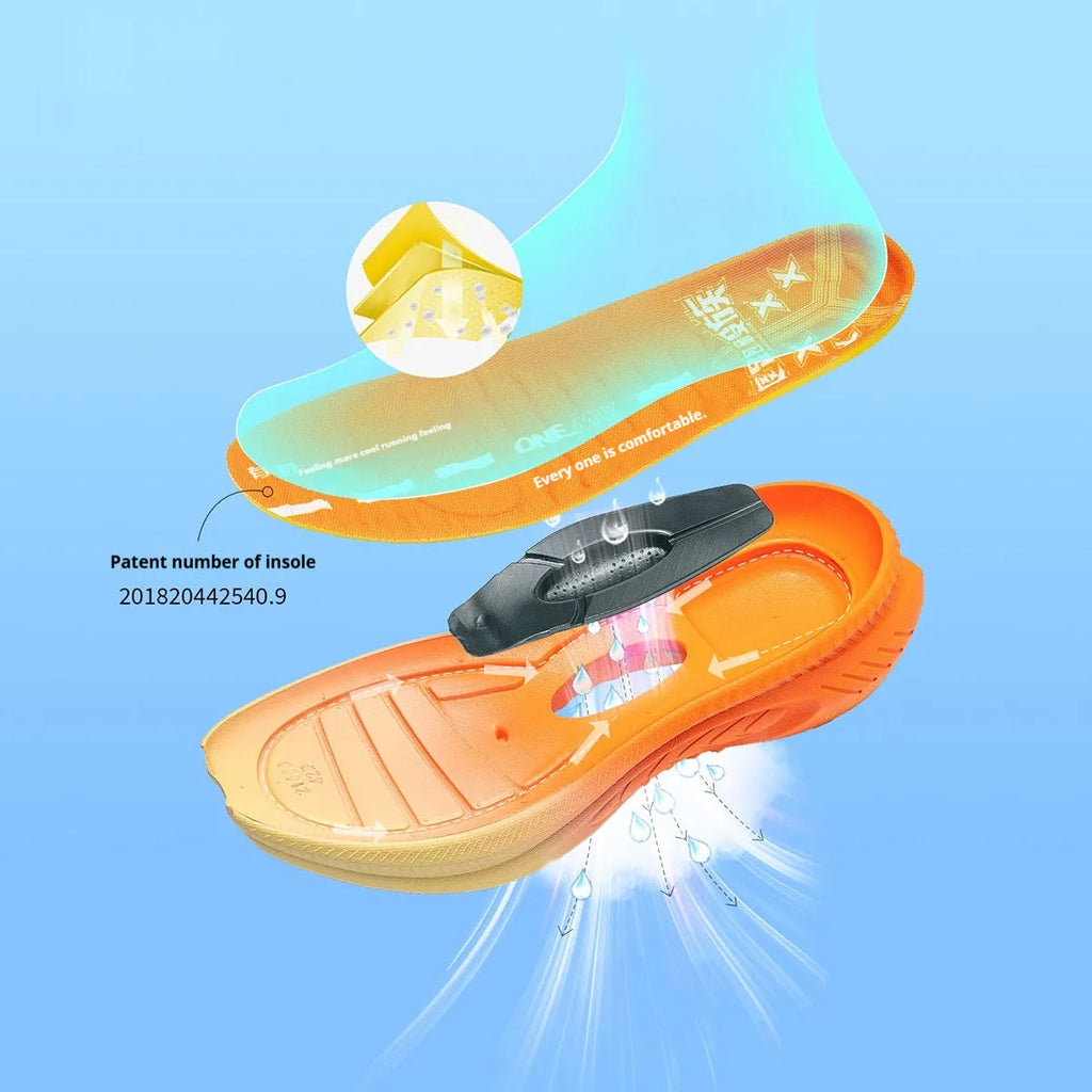 Low-top running shoes in various colours with PU mesh upper and rubber sole for shock absorption.
