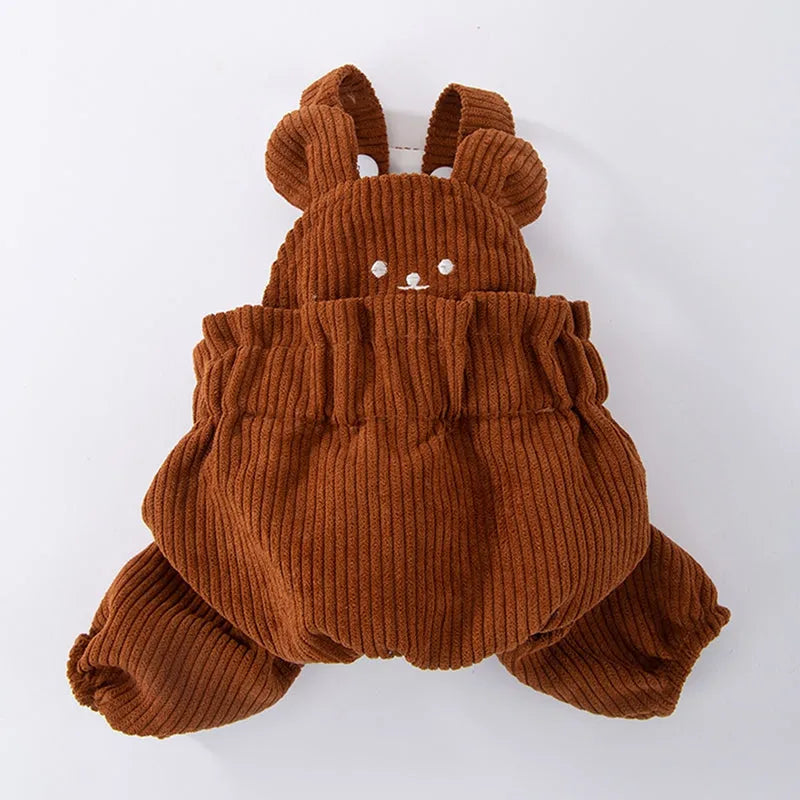 Brown corduroy four-legged pet overalls with bunny back detail for small dogs, front view