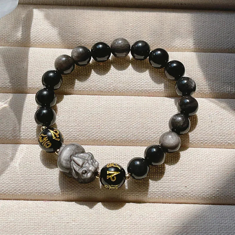 Men's silver stone bracelet with Chinese zodiac design and natural stone beads