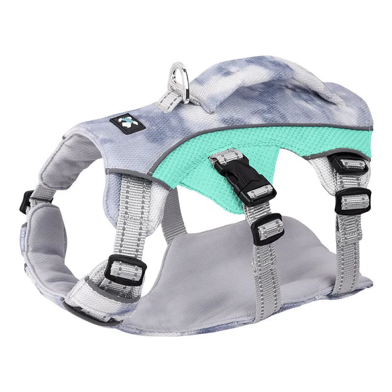 Reflective dog harness chest strap in light blue, shown with adjustable sizing clips.