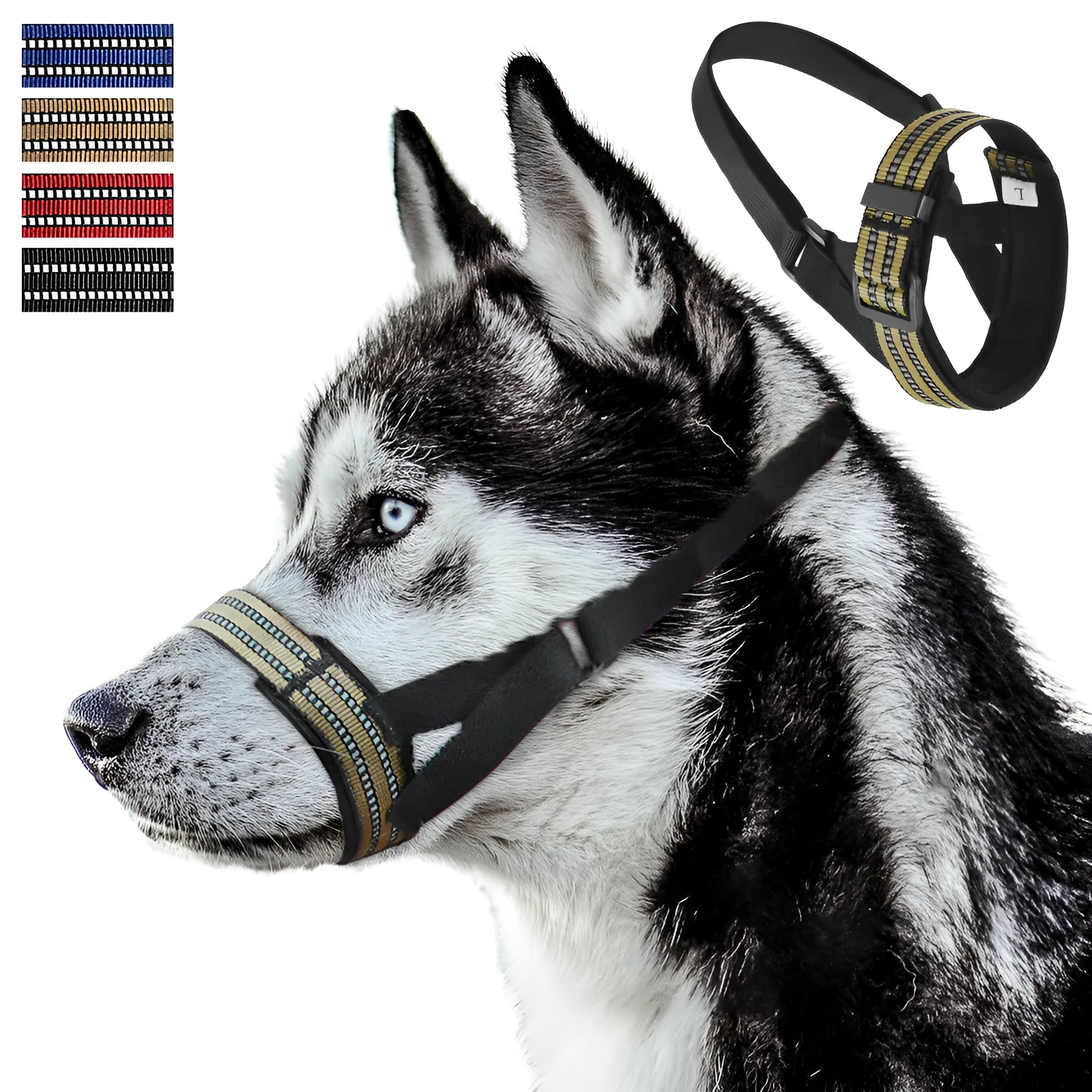 Adjustable black mesh dog muzzle with reflective strips and padded nose guard on a dog
