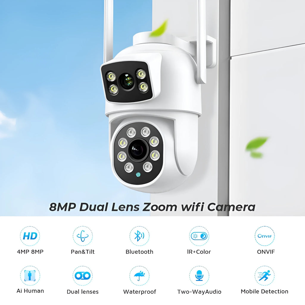 White wireless outdoor night vision surveillance camera with dual-screen humanoid tracking and bracket