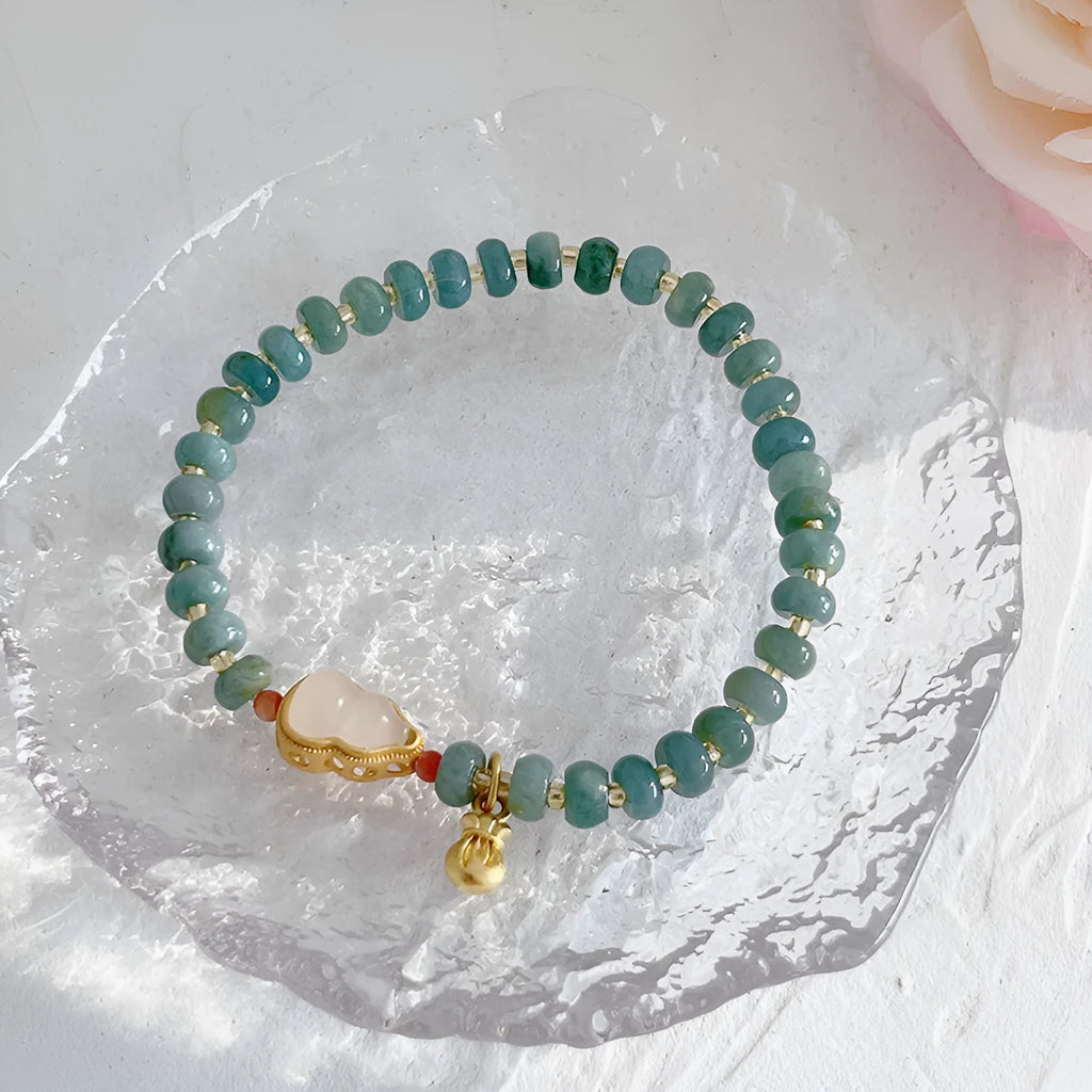 Natural blue water jade bracelet with gourd peace buckle charm in ethnic retro style