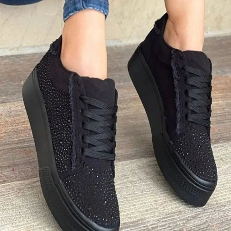 Women's lace-up casual shoes with rhinestone decoration and thick rubber soles in multiple colours
