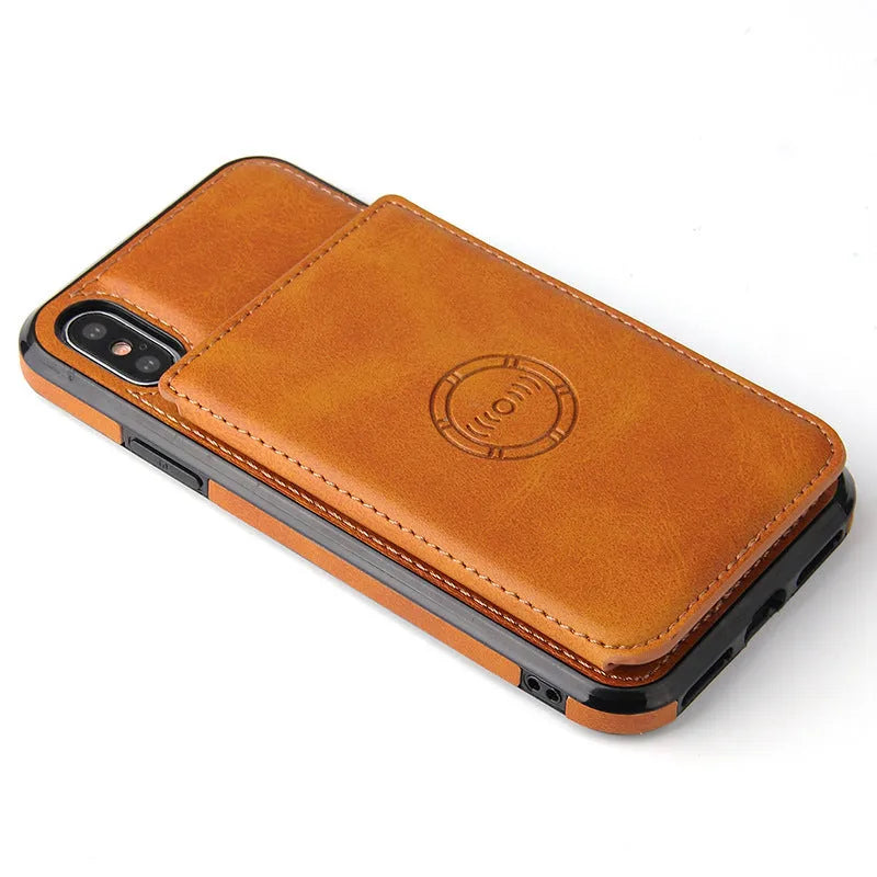 Imitation leather card wallet phone case for iPhone in black, shown with cards inserted.
