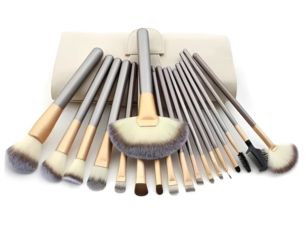 Persian make-up brush set with rice white synthetic bristles and champagne-coloured aluminium handles