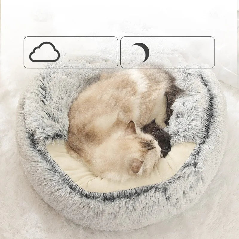 Round crystal velvet cat nest in grey with raised rim, semi-enclosed design, and Oxford bottom base