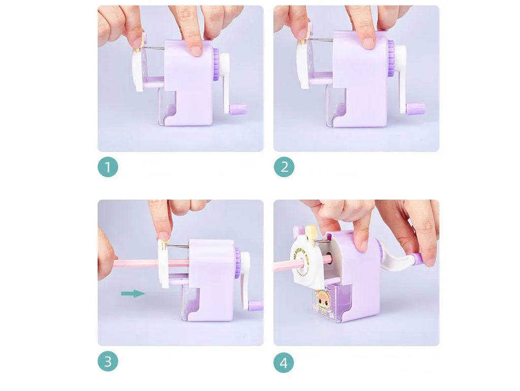 Cartoon-shaped manual pencil sharpener in blue, green, pink, or purple plastic.