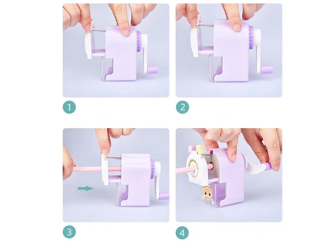 Cartoon-shaped manual pencil sharpener in blue, green, pink, or purple plastic.