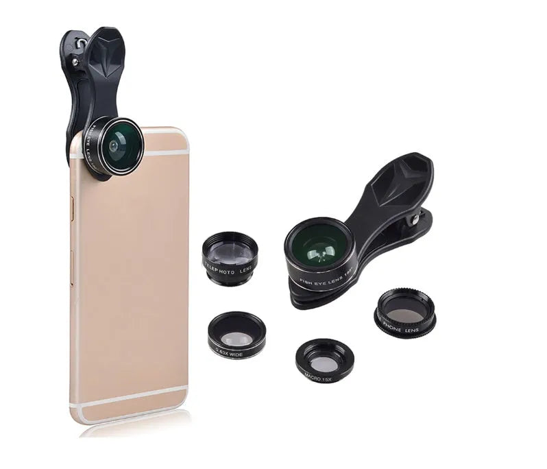 Black 5-in-1 smartphone lens kit with universal clip, fisheye, wide angle, macro and telephoto lenses