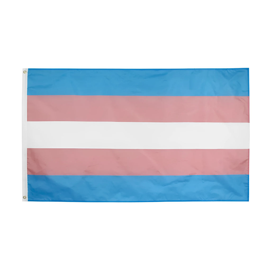 Transgender rainbow flag made of polyester fabric measuring 90x150cm displayed outdoors