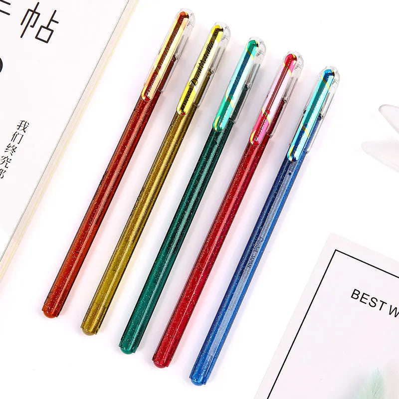 K110 model 1.0mm tip pearlescent glitter gel pen in eight colour options on white paper.