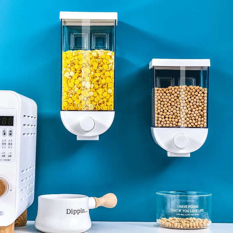 White transparent kitchen food storage container with easy-press cereal dispenser and wall mount