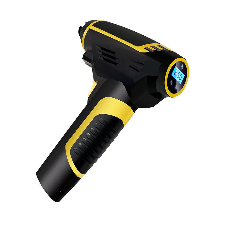 Automatic portable handheld digital LED car air compressor with hose and connectors on black background