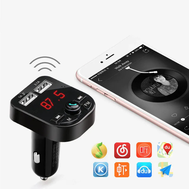 Car MP3 Bluetooth player with FM receiver, dual USB ports, monochrome screen, and ABS construction in black
