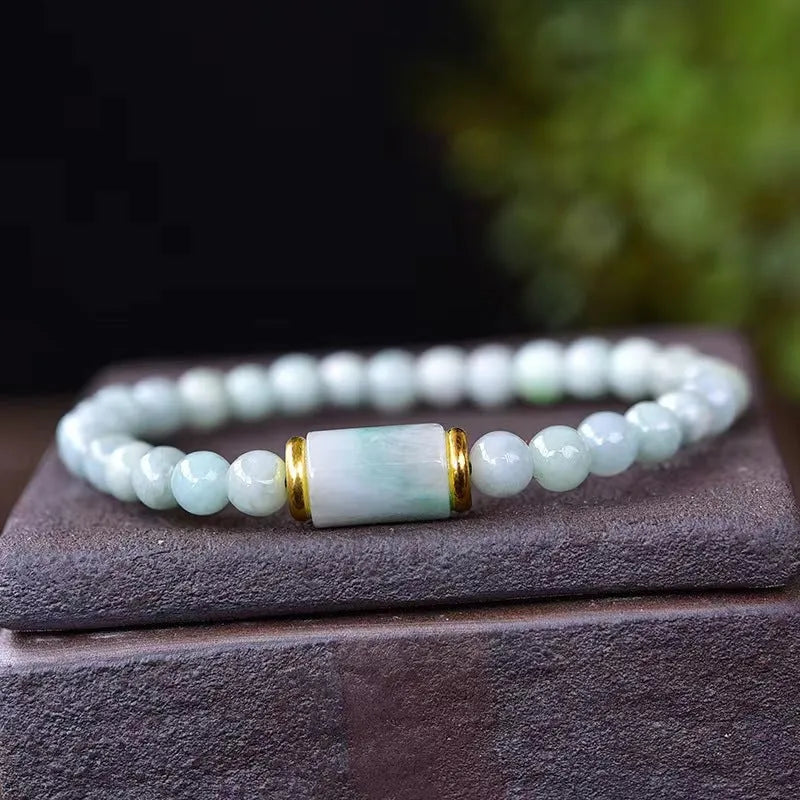 Natural Myanmar jade round ice stone bracelet in emerald green with geometric ethnic style design