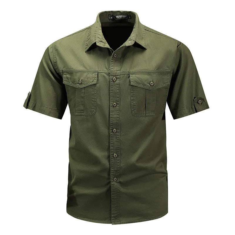 Men's short sleeve cotton cardigan shirt in khaki colour, front view, sizes M to 5XL