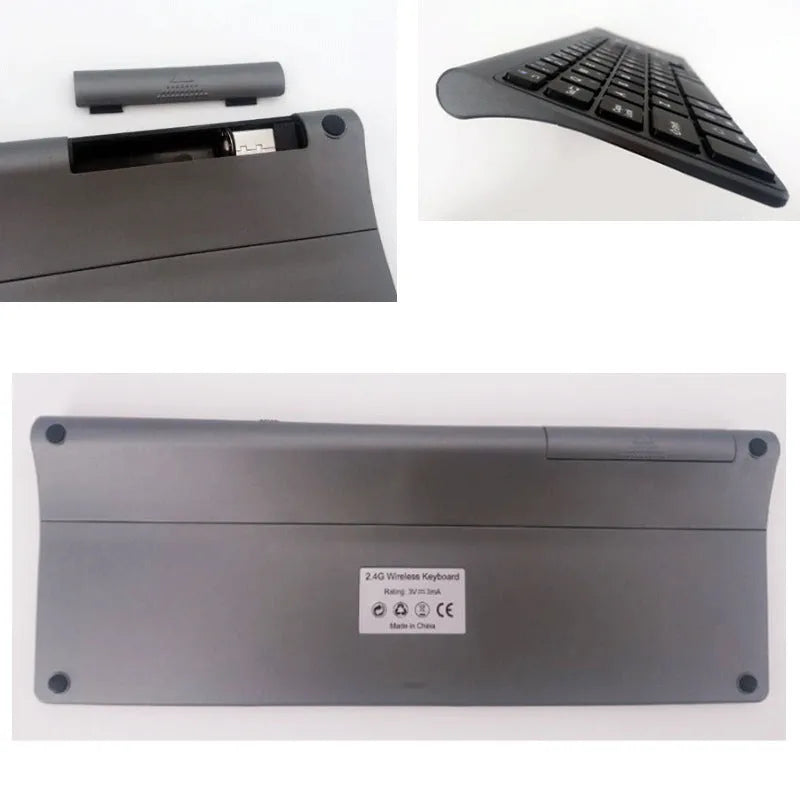 Compact black wireless keyboard with 59 keys, low battery alarm, and ≤10m wireless range