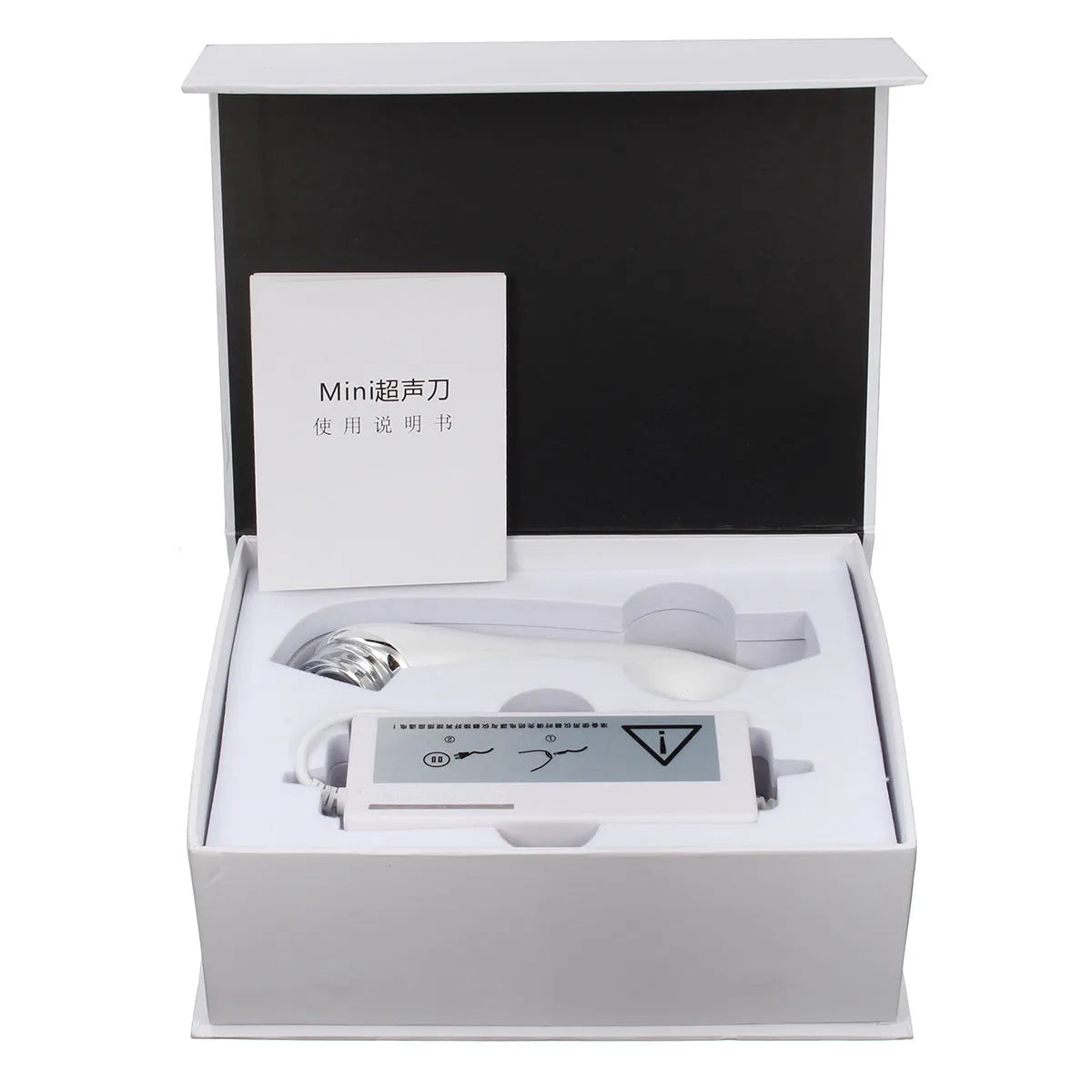 Mini ultrasonic scalpel for home facial firming in purple, with power adapter and gel on white background
