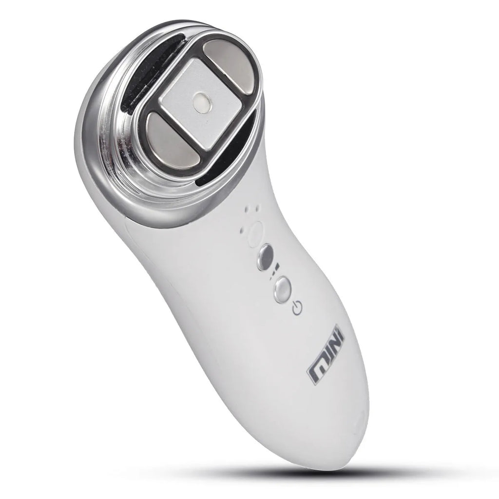 Mini ultrasonic scalpel for home facial firming in purple, with power adapter and gel on white background