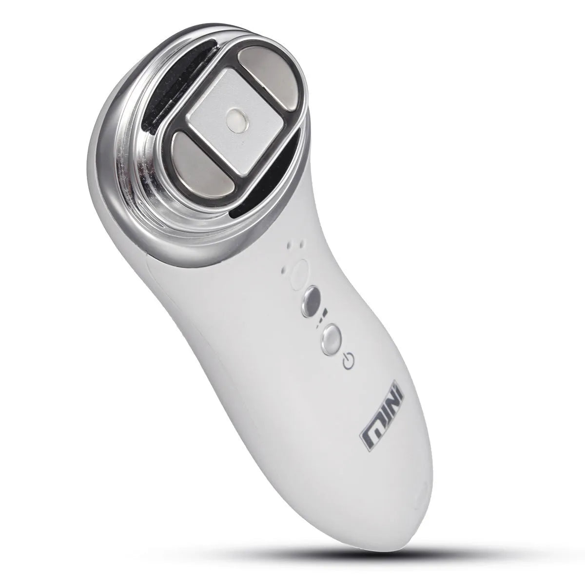 Mini ultrasonic scalpel for home facial firming in purple, with power adapter and gel on white background