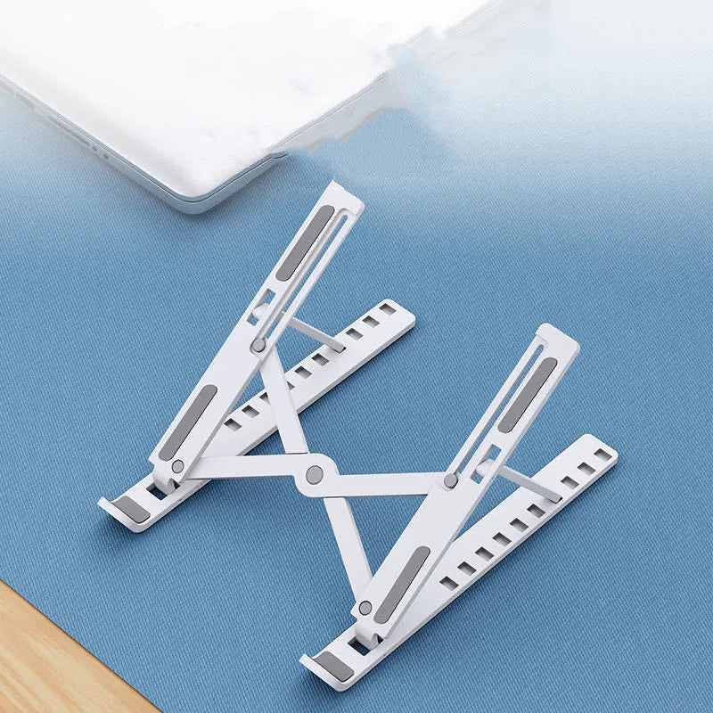 Black foldable desktop cooling bracket showing 10 adjustable positions for laptop ventilation