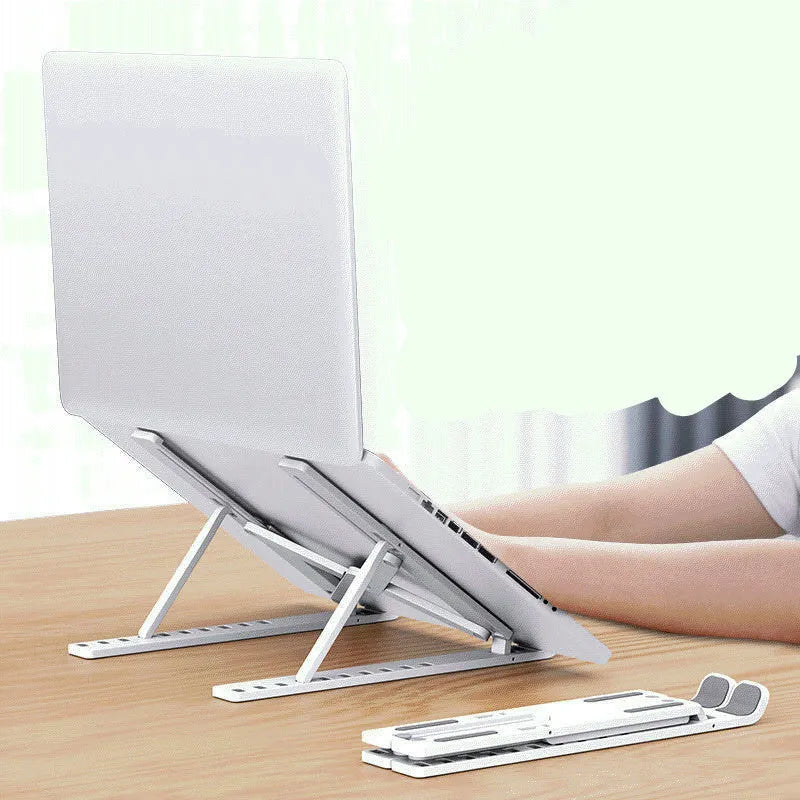 Black foldable desktop cooling bracket showing 10 adjustable positions for laptop ventilation