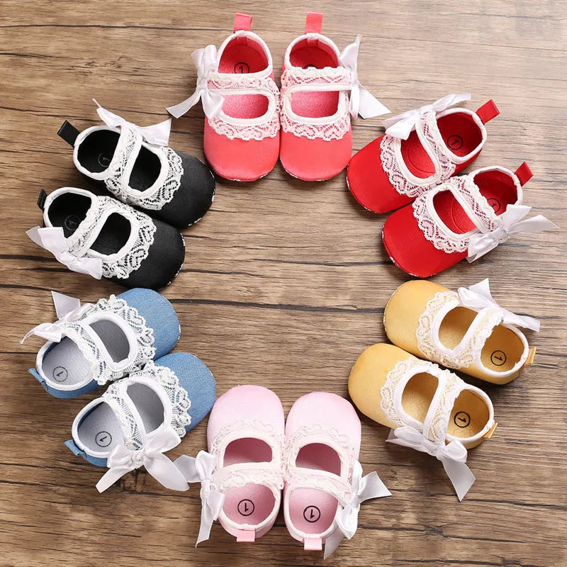 Baby toddler princess shoes with cotton upper, Velcro fastening, and non-slip sole on a white background