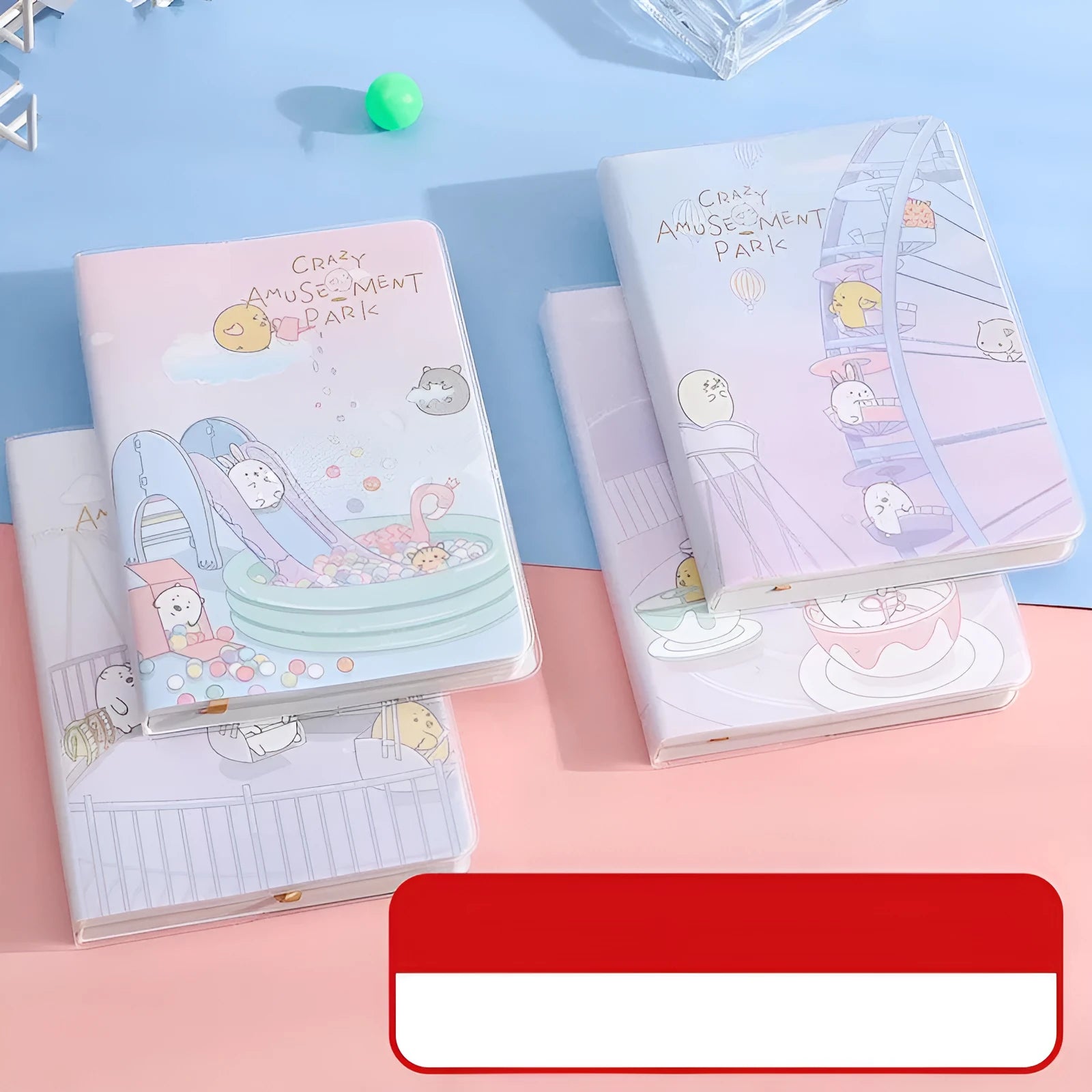 Waterproof A6 notepad with amusement park theme design, showing thread binding and soft PU cover