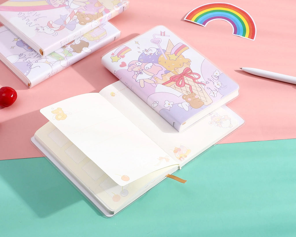 Waterproof A6 notepad with amusement park theme design, showing thread binding and soft PU cover