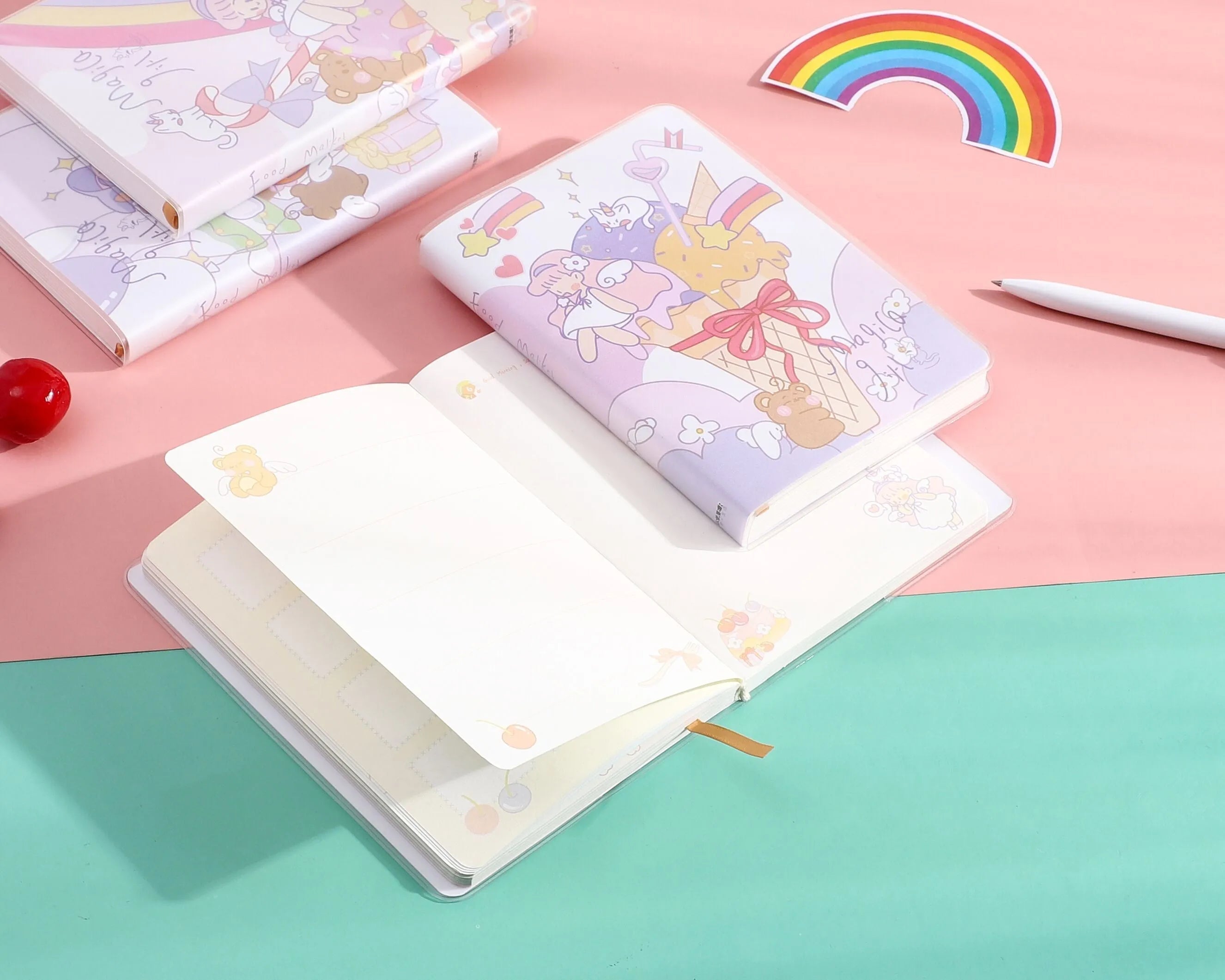 Waterproof A6 notepad with amusement park theme design, showing thread binding and soft PU cover