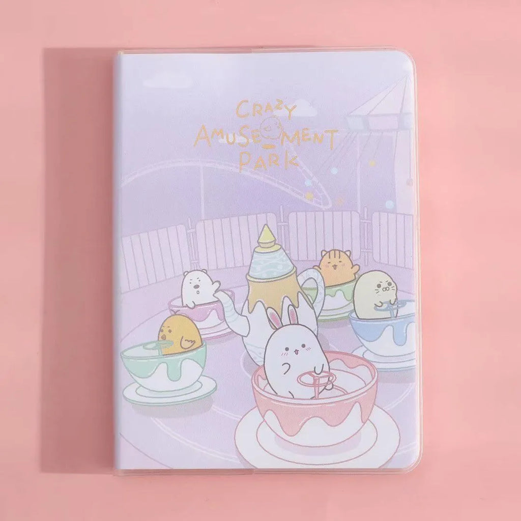Waterproof A6 notepad with amusement park theme design, showing thread binding and soft PU cover