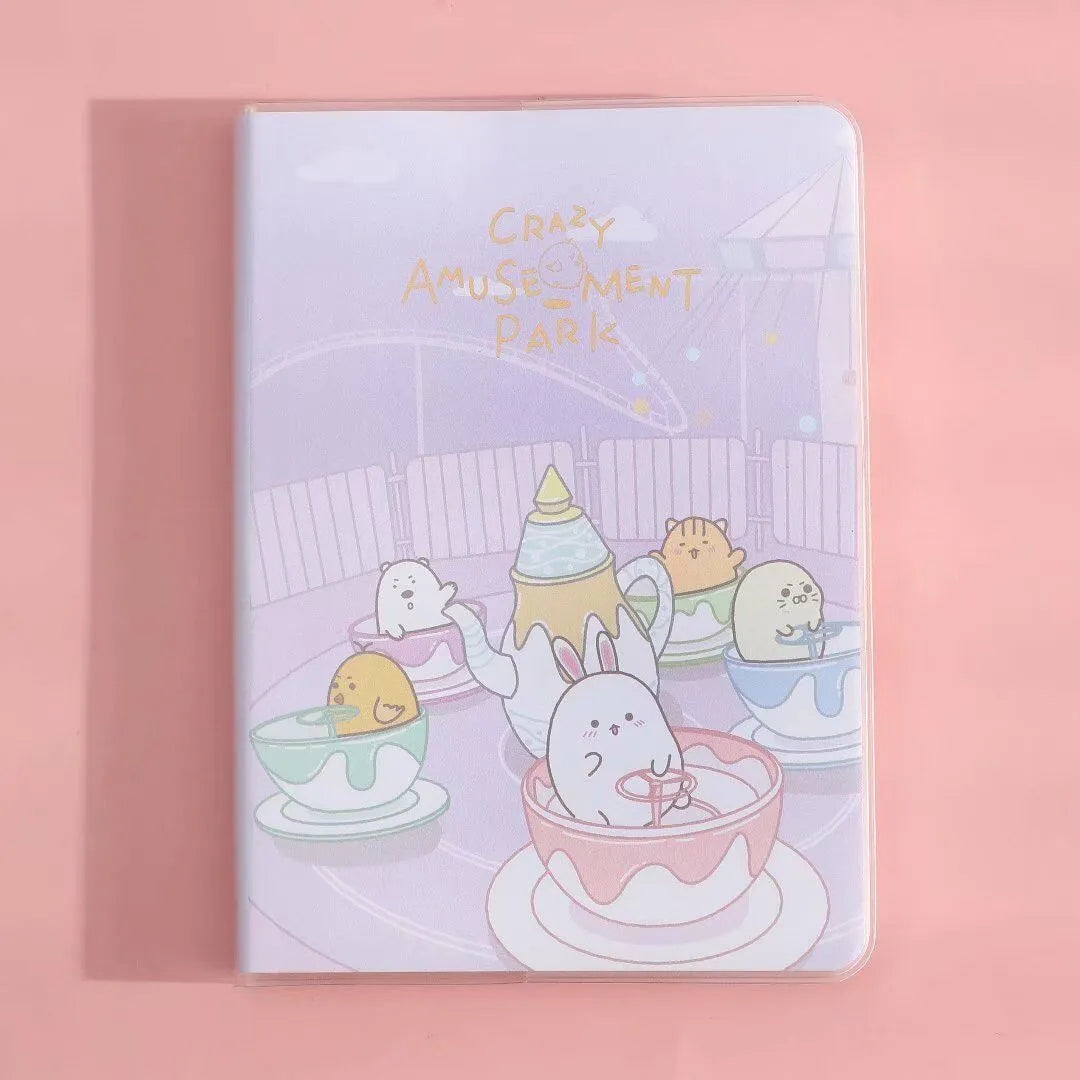 Waterproof A6 notepad with amusement park theme design, showing thread binding and soft PU cover