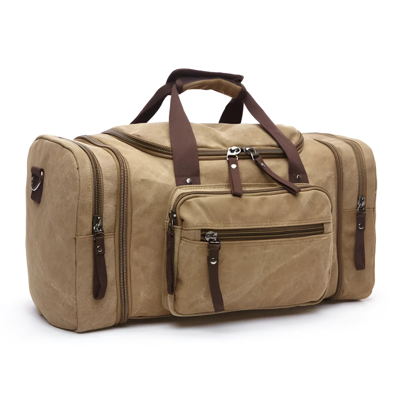 Canvas messenger backpack in army green showing front zipper pocket and canvas texture against a plain background