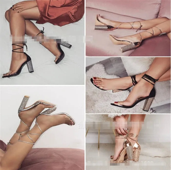Black and gold pointed-toe plastic high heel shoes for women.