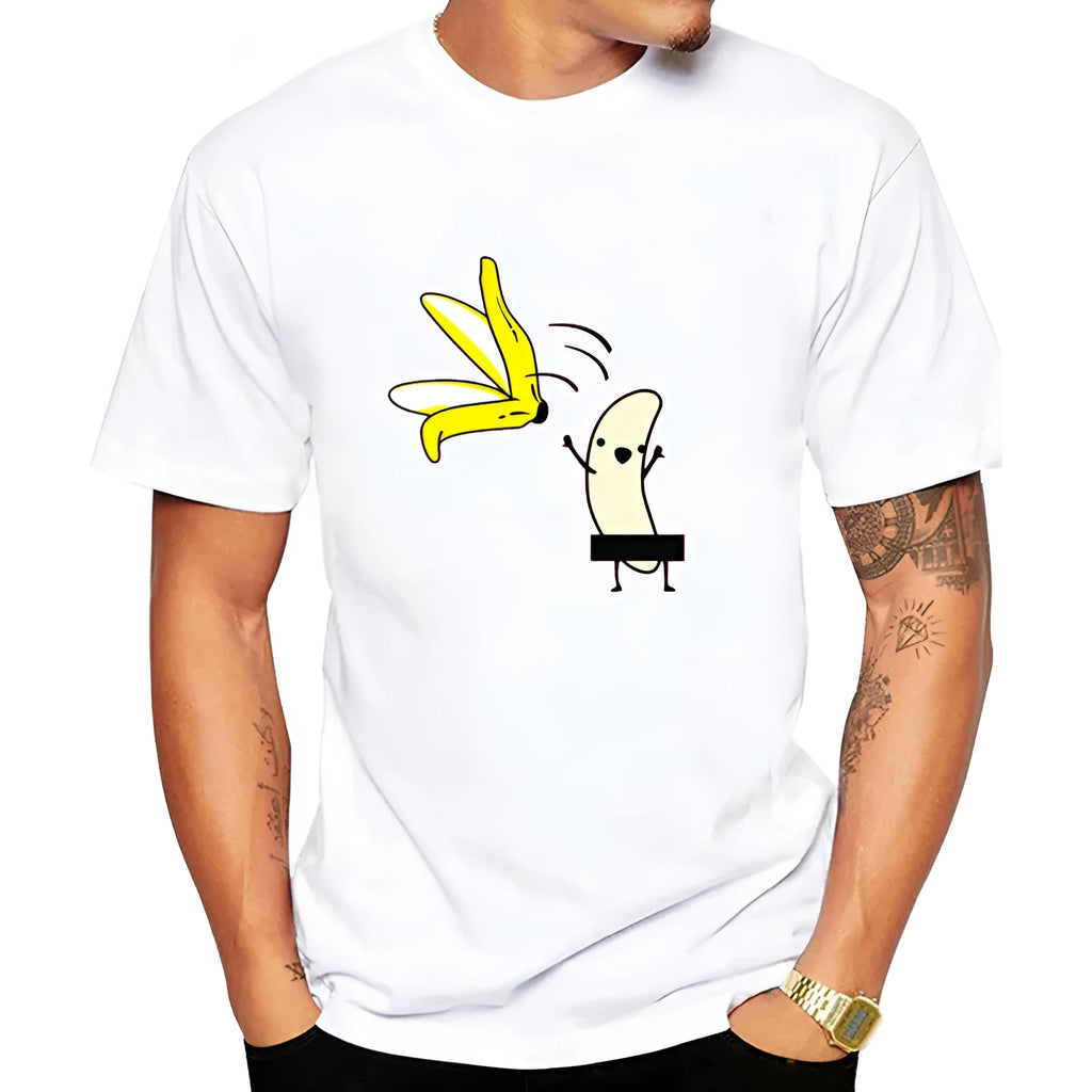 White modal t-shirt with banana peel print on the front, shown against a plain background