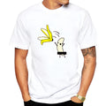 White modal t-shirt with banana peel print on the front, shown against a plain background