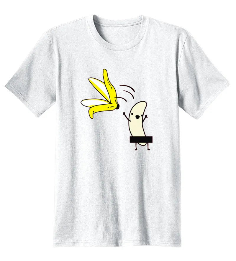 White modal t-shirt with banana peel print on the front, shown against a plain background