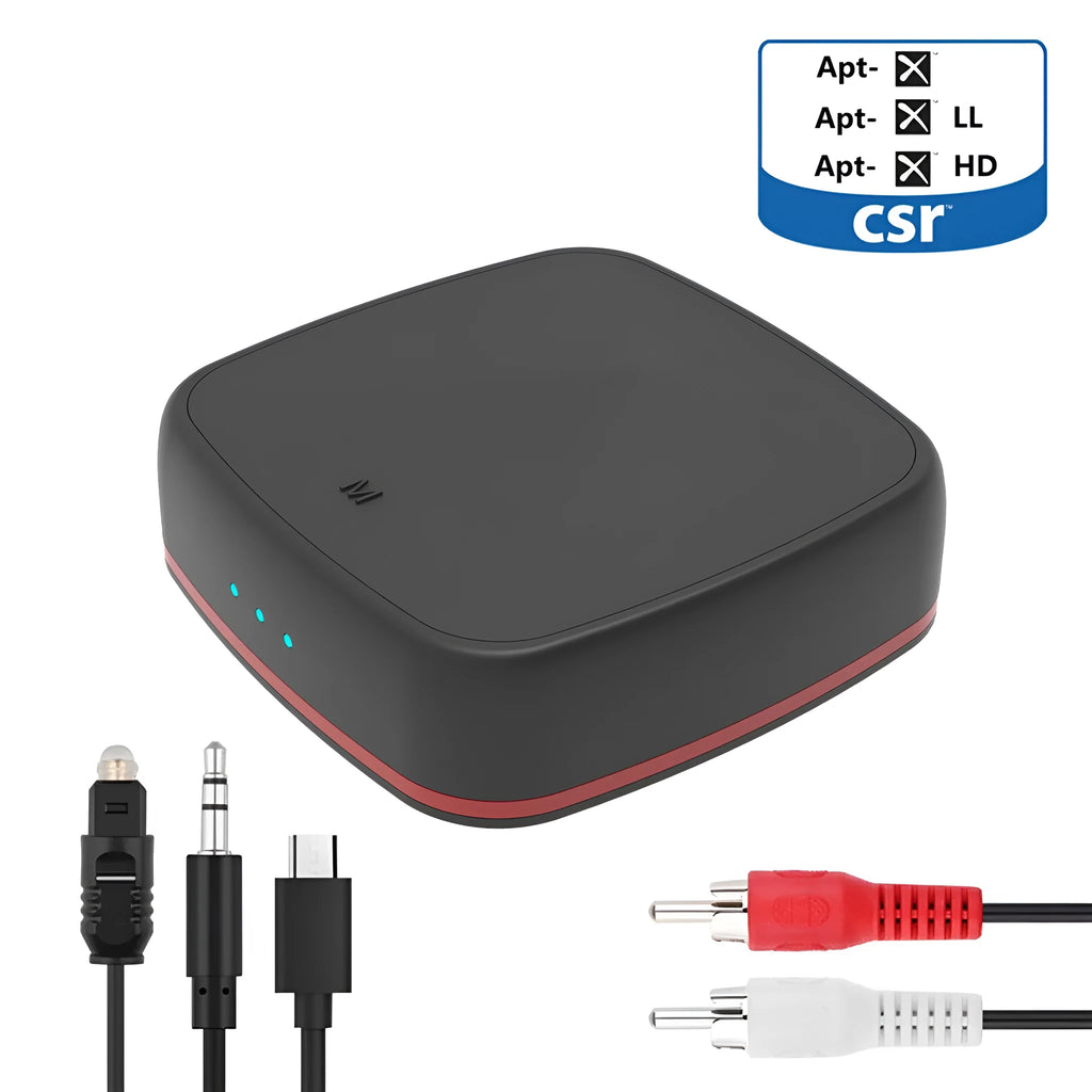Black square Bluetooth audio adapter with optical and AUX ports, showing CSR8675 chip support.