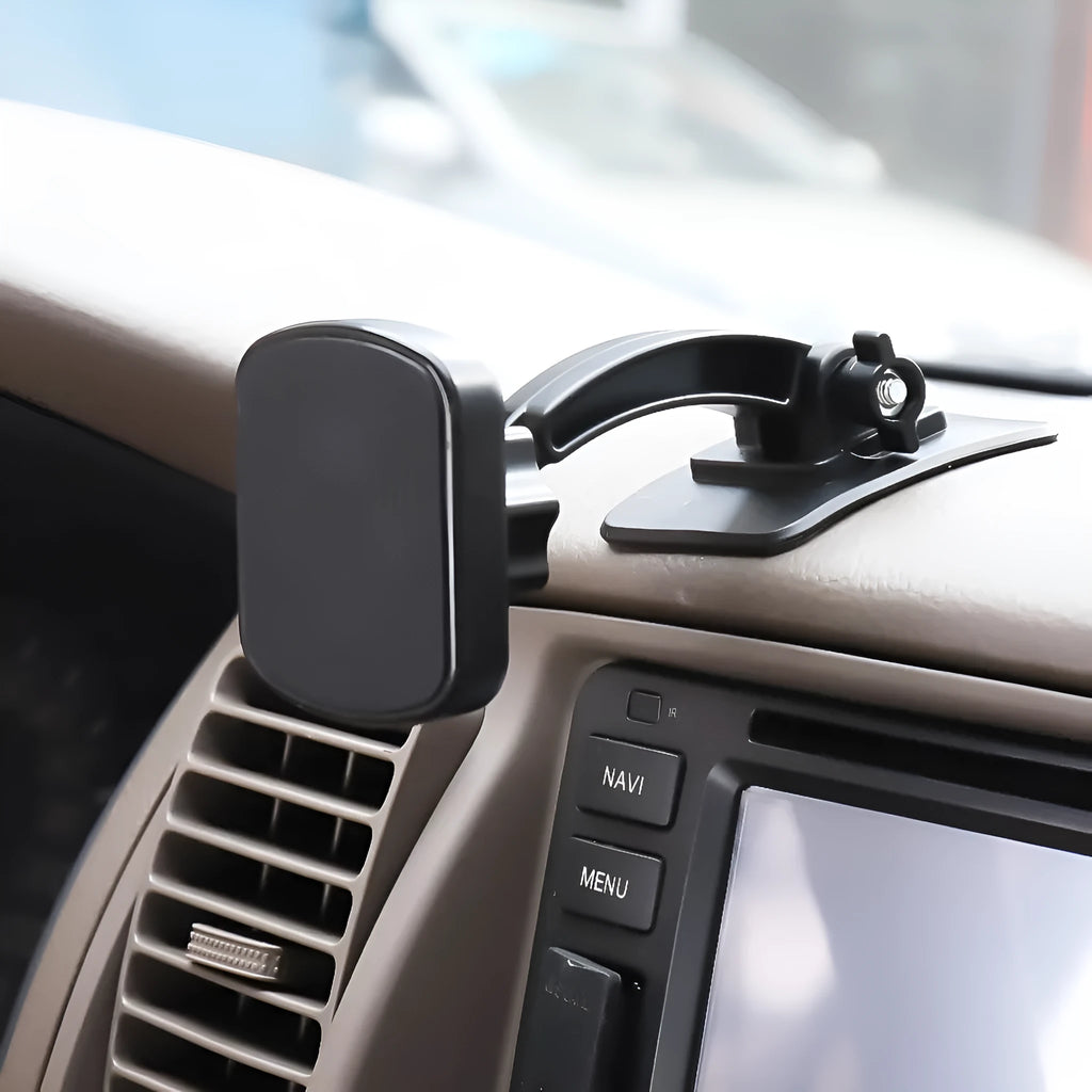 Black adjustable magnetic car phone holder, ABS plastic and magnet, 7x6x8cm, for car centre console or desk