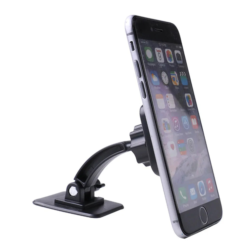 Black adjustable magnetic car phone holder, ABS plastic and magnet, 7x6x8cm, for car centre console or desk