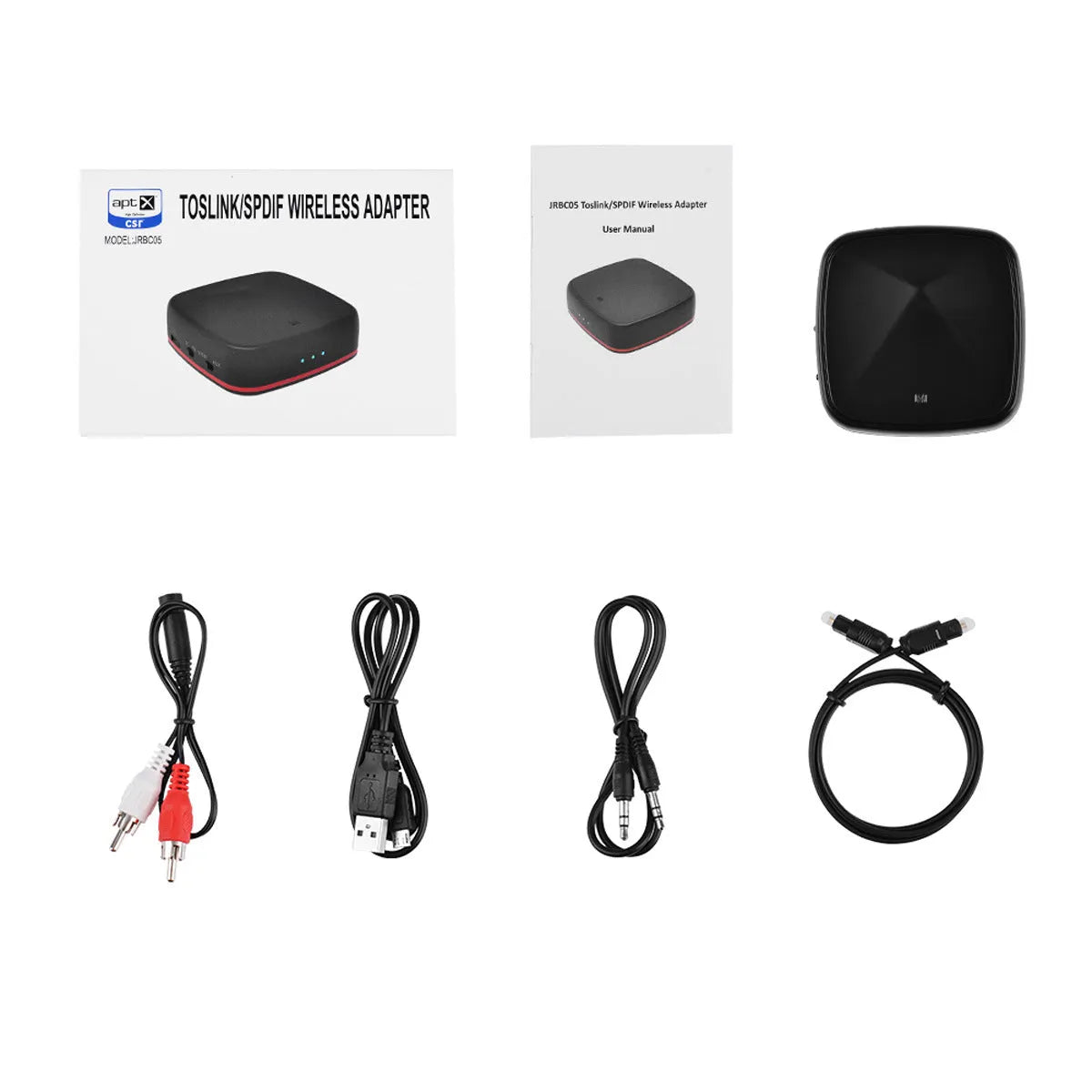 Black square Bluetooth audio adapter with optical and AUX ports, showing CSR8675 chip support.