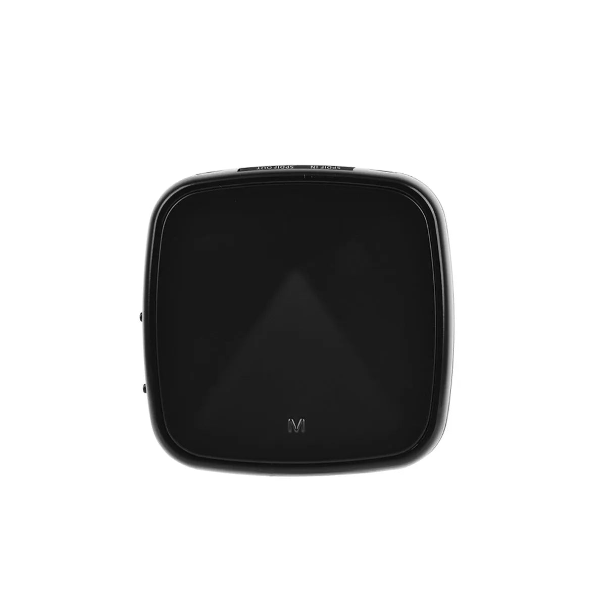 Black square Bluetooth audio adapter with optical and AUX ports, showing CSR8675 chip support.