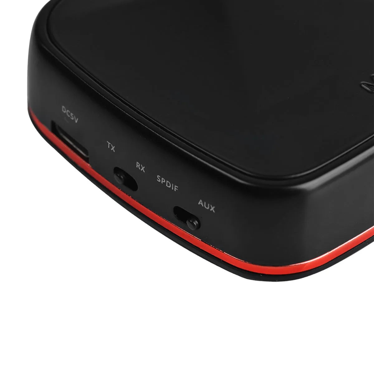 Black square Bluetooth audio adapter with optical and AUX ports, showing CSR8675 chip support.