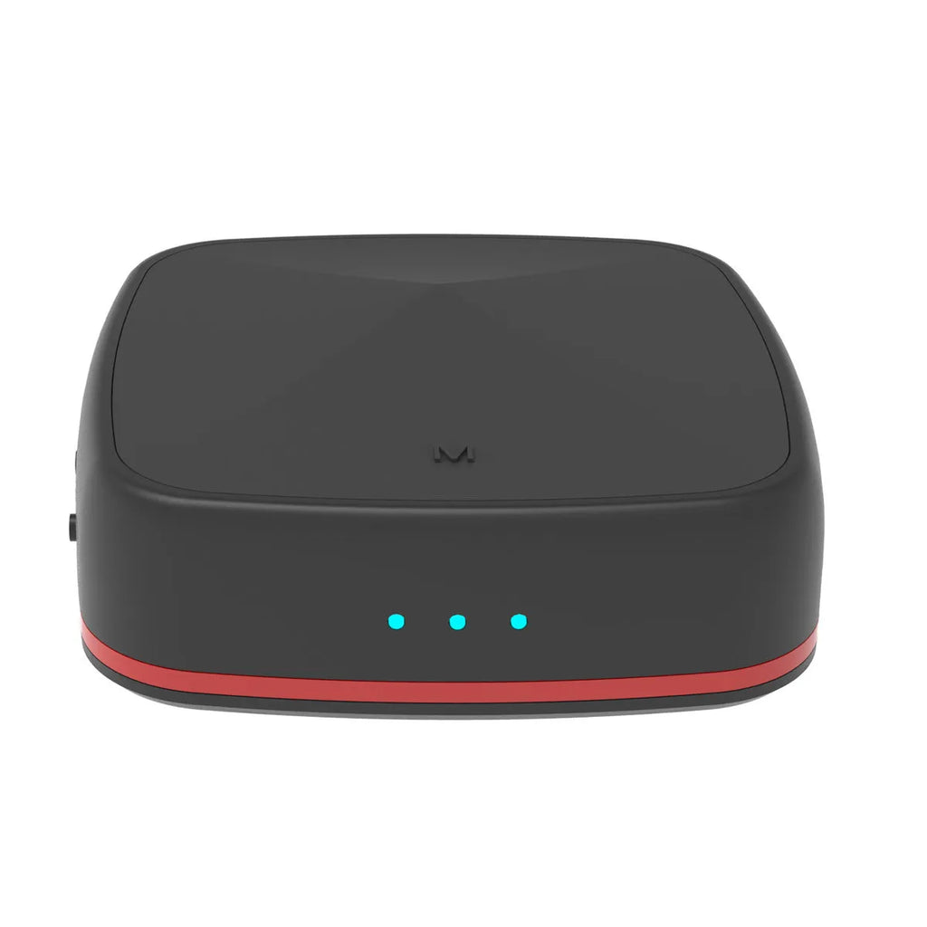 Black square Bluetooth audio adapter with optical and AUX ports, showing CSR8675 chip support.