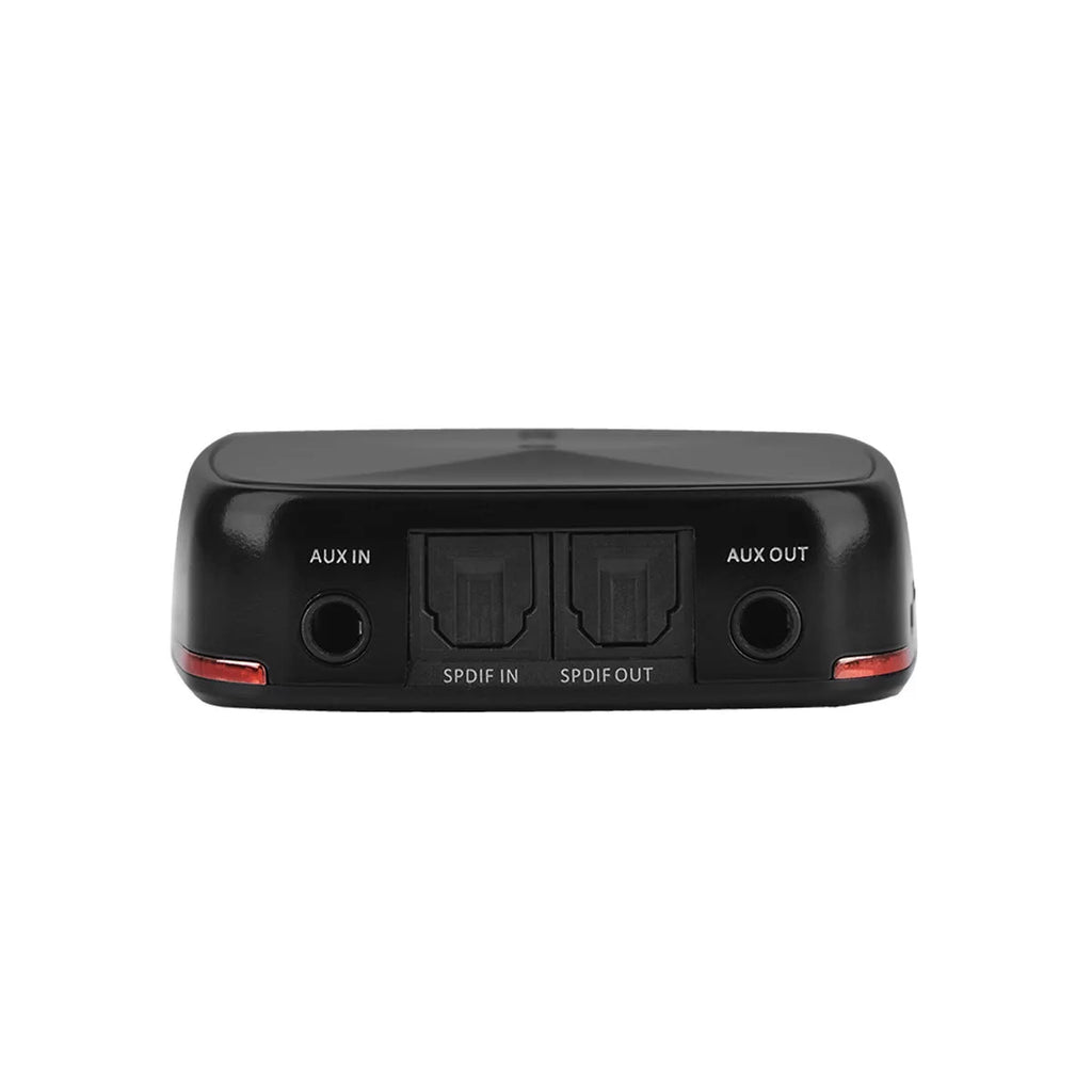 Black square Bluetooth audio adapter with optical and AUX ports, showing CSR8675 chip support.