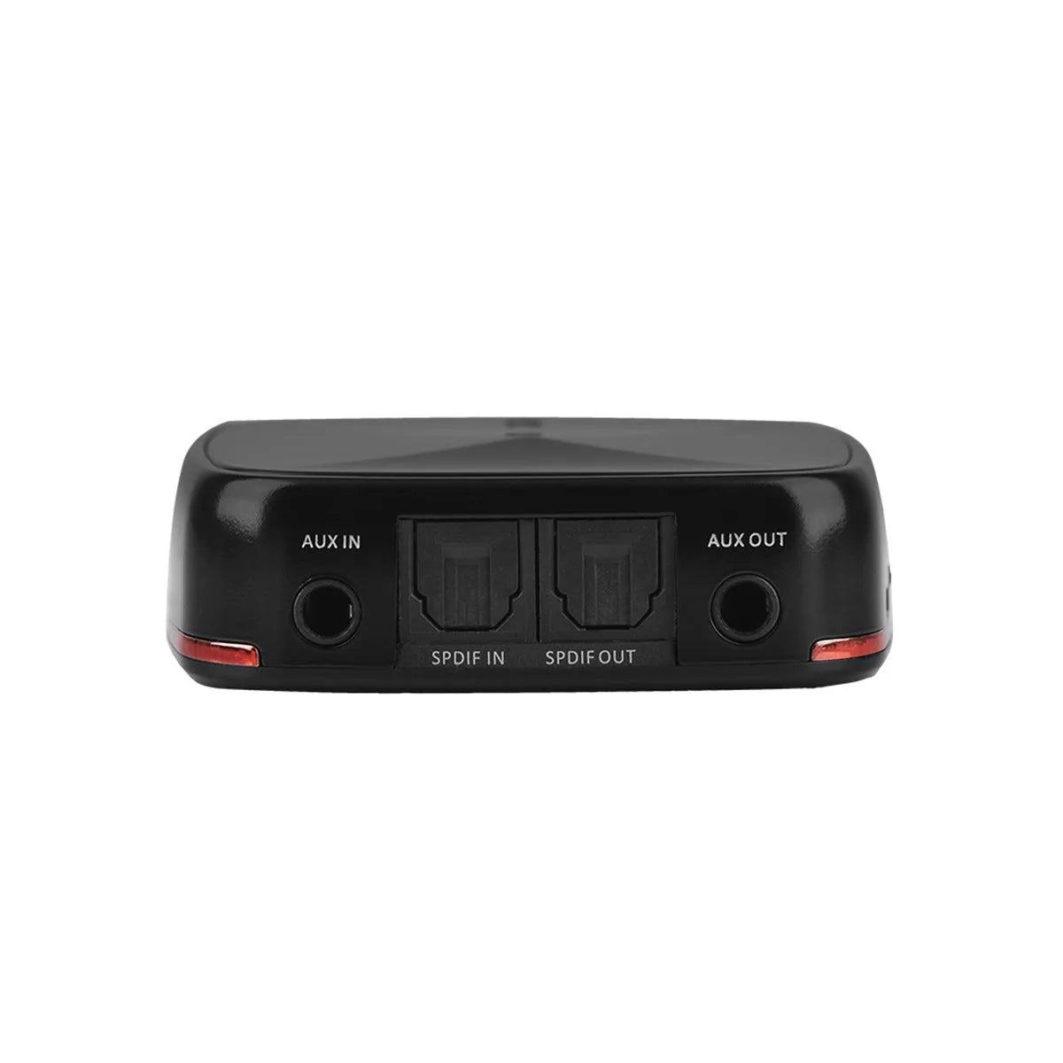 Black square Bluetooth audio adapter with optical and AUX ports, showing CSR8675 chip support.